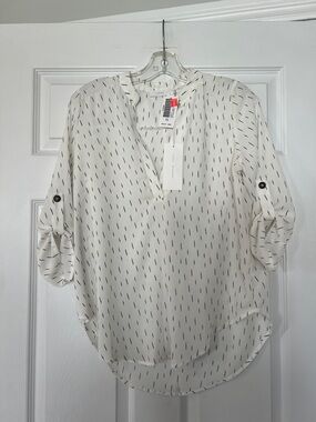 Lush White Printed Split-Neck Roll Sleeve Blouse